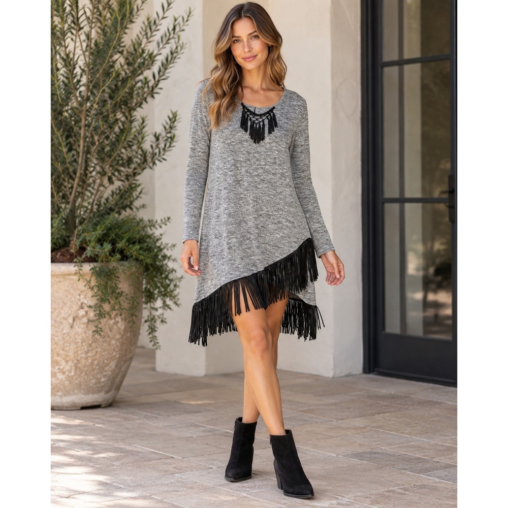 Jane & John Tunic Dress Womens L Black Gray Knit Fringe Lace Up Made in Turkey